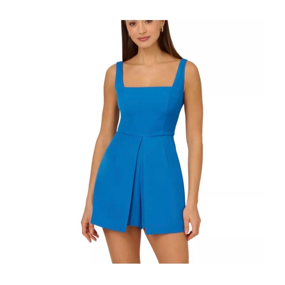 NWT Adrianna Papell Crepe Overlay Romper Size 14 Blue Square Neck $129